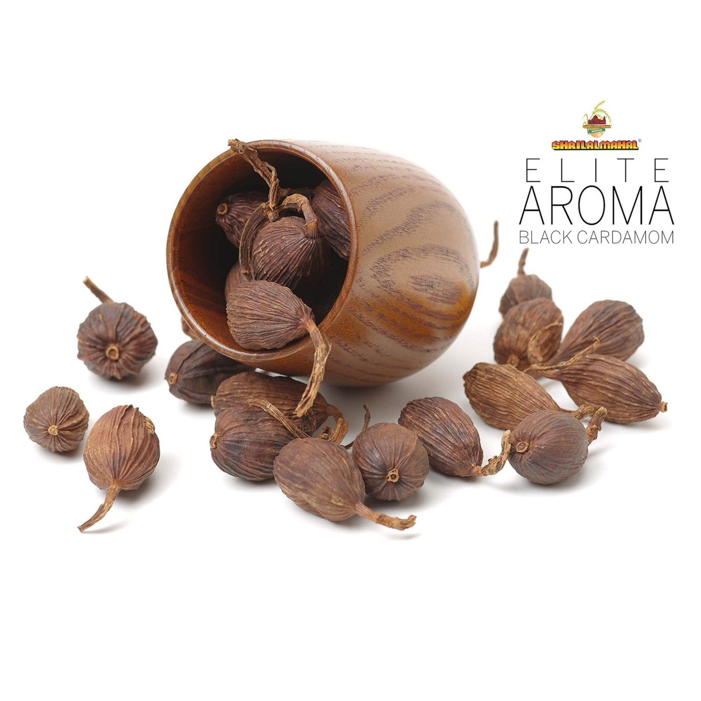 Whole Elite Aroma Black Cardamom pods arranged