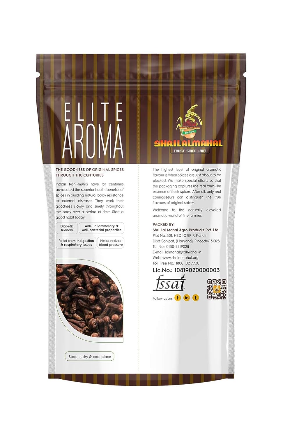 Back label of Elite Aroma Whole Clove (200g) showing ingredients, nutritional details, and FSSAI information