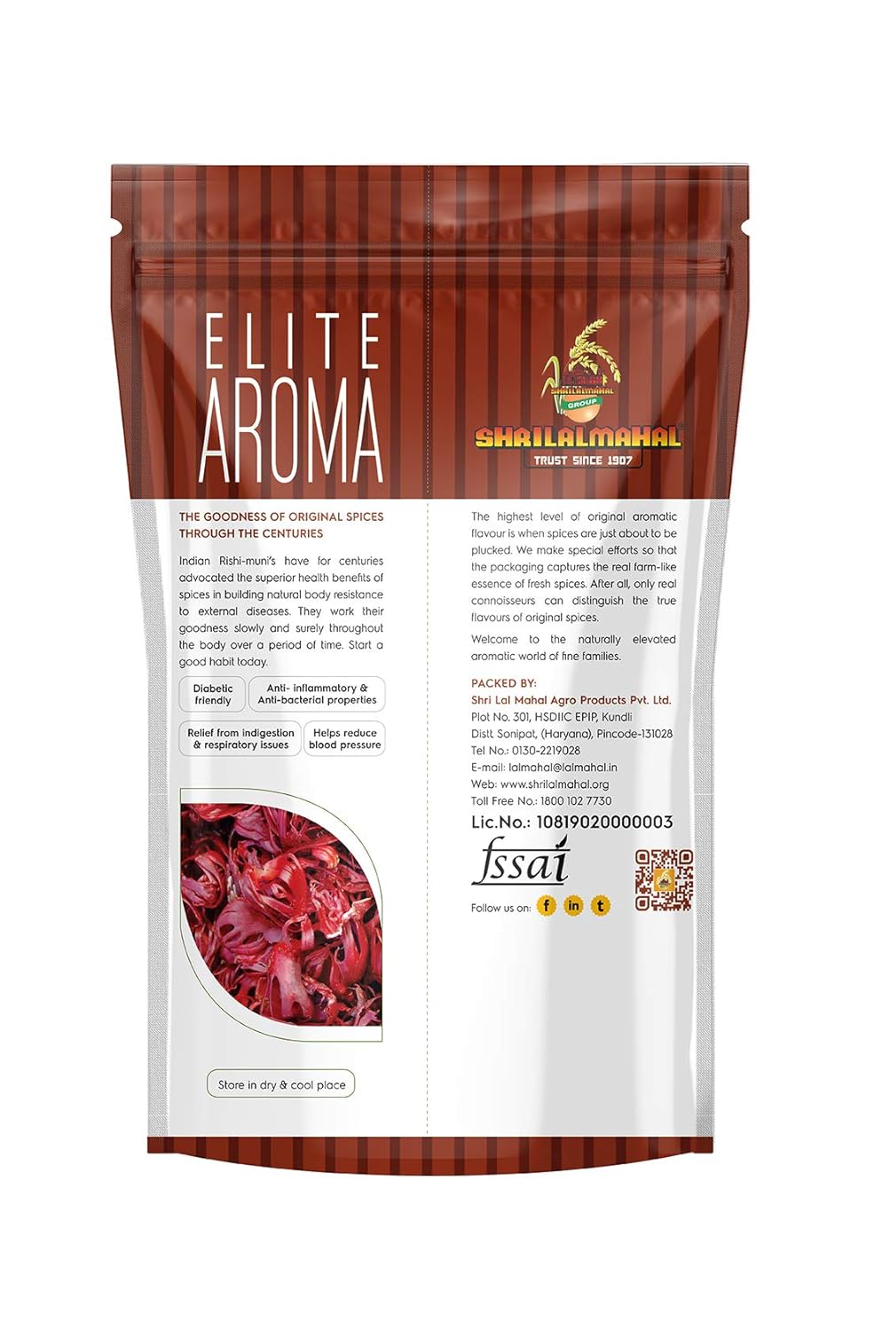 Back label of Elite Aroma Whole Mace pouch showing product details and packaging by ShriLalMahal Group.