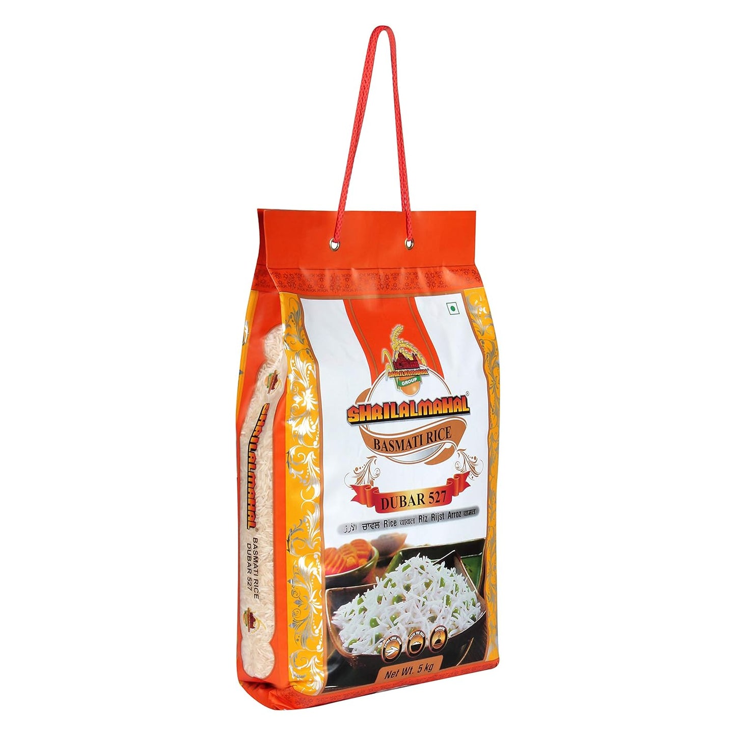 Shailalal Basmati Rice bag with orange handle on a white background