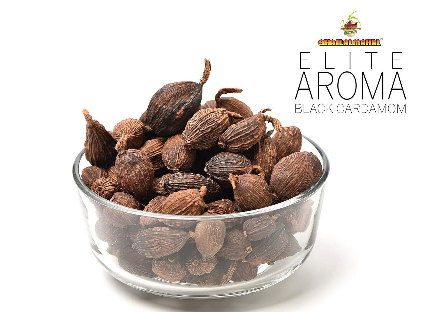 Close-up of Elite Aroma Black Cardamom pods in bowl