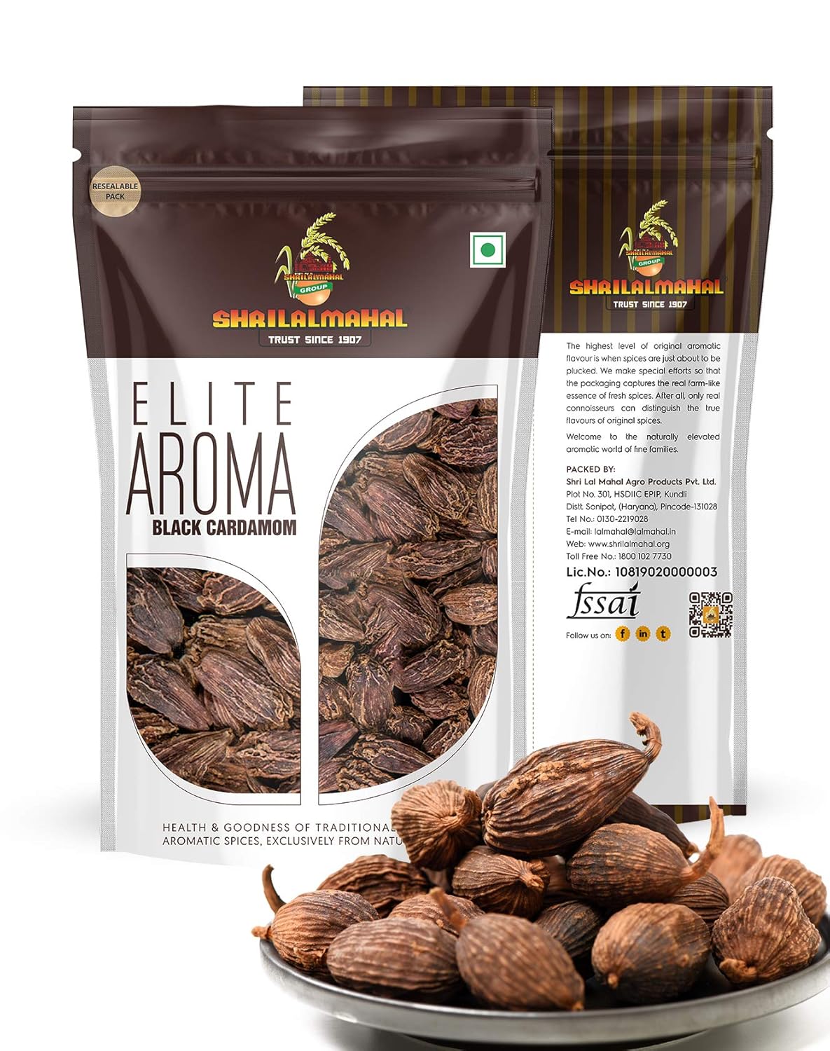 Back view of Elite Aroma Black Cardamom 100g pack showing product details.