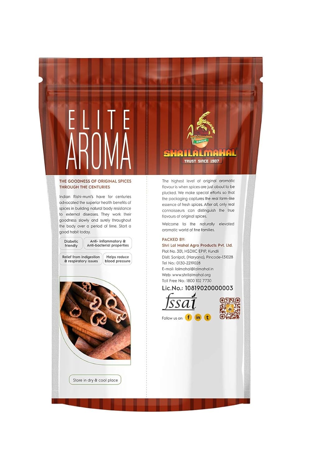 Back label of Elite Aroma Whole Cinnamon 100g showing product details and nutritional information