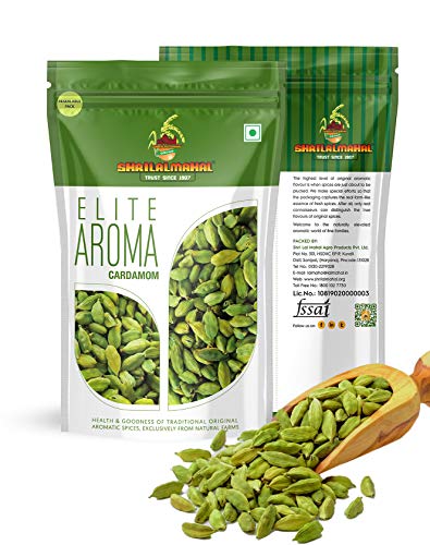 Elite Aroma Cardamom pack with front and back view, spilling fresh green cardamom pods
