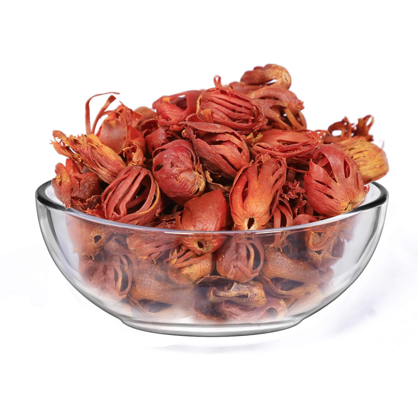 Handpicked whole mace (Javitri) spice strands in a glass bowl – natural and fresh product by ShriLalMahal Group.