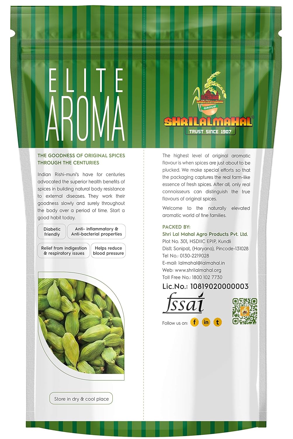 Side view of Elite Aroma Cardamom pouch showing product label and nutritional information