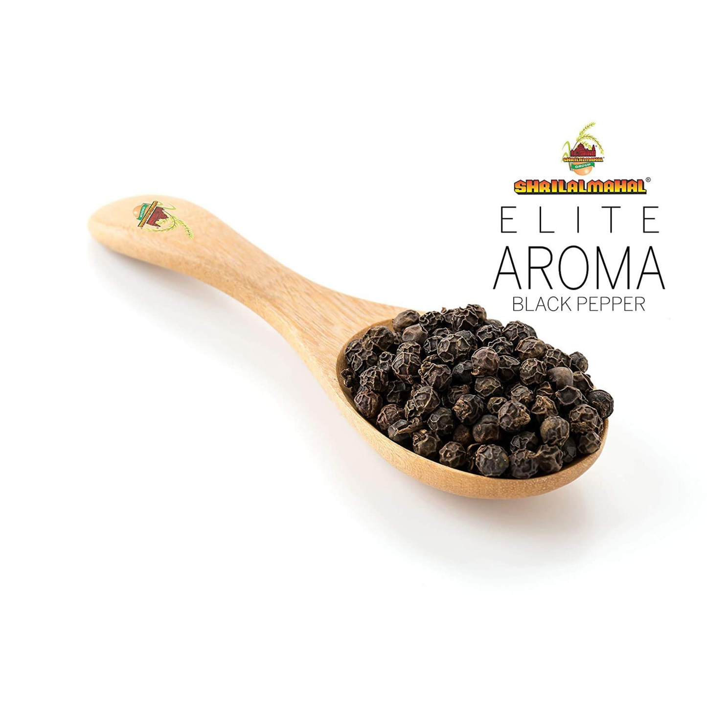 Wooden spoon filled with Elite Aroma organic black peppercorns – pure, natural, and aromatic spice from Shri Lal Mahal.
