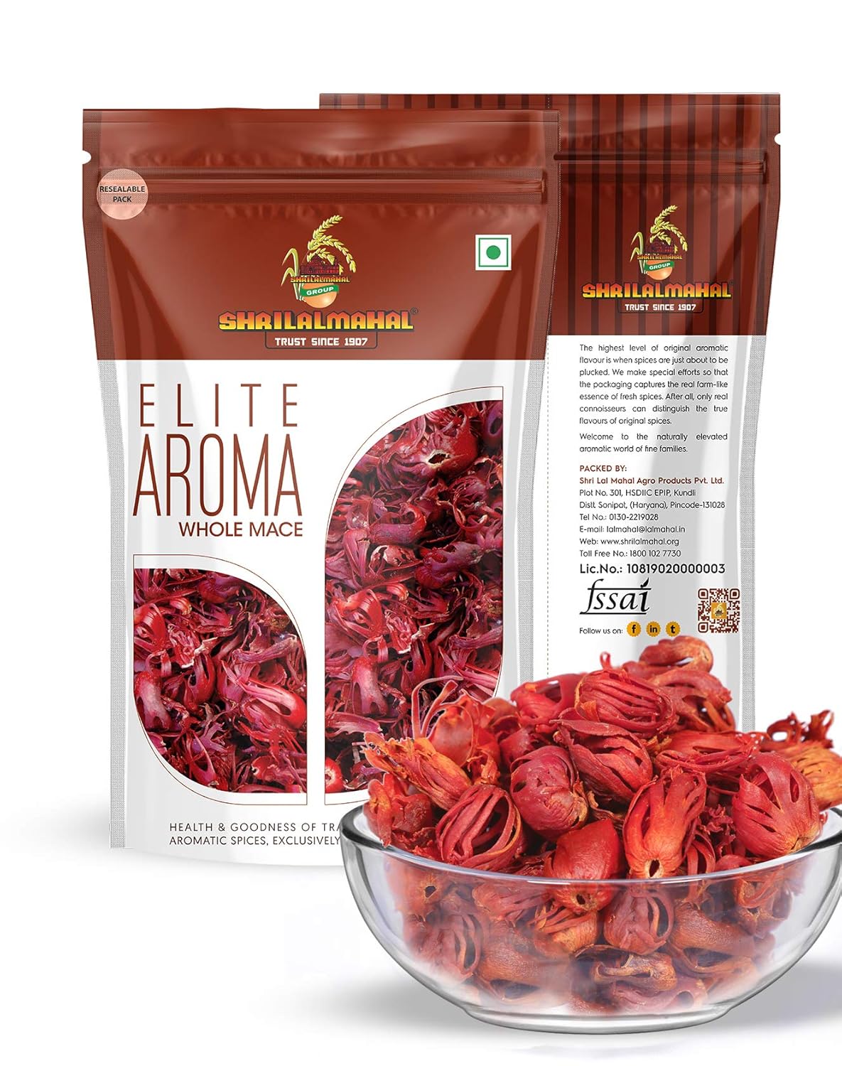 lite Aroma Whole Mace pack with bowl of Javitri spice – premium Kerala spice by ShriLalMahal Group.